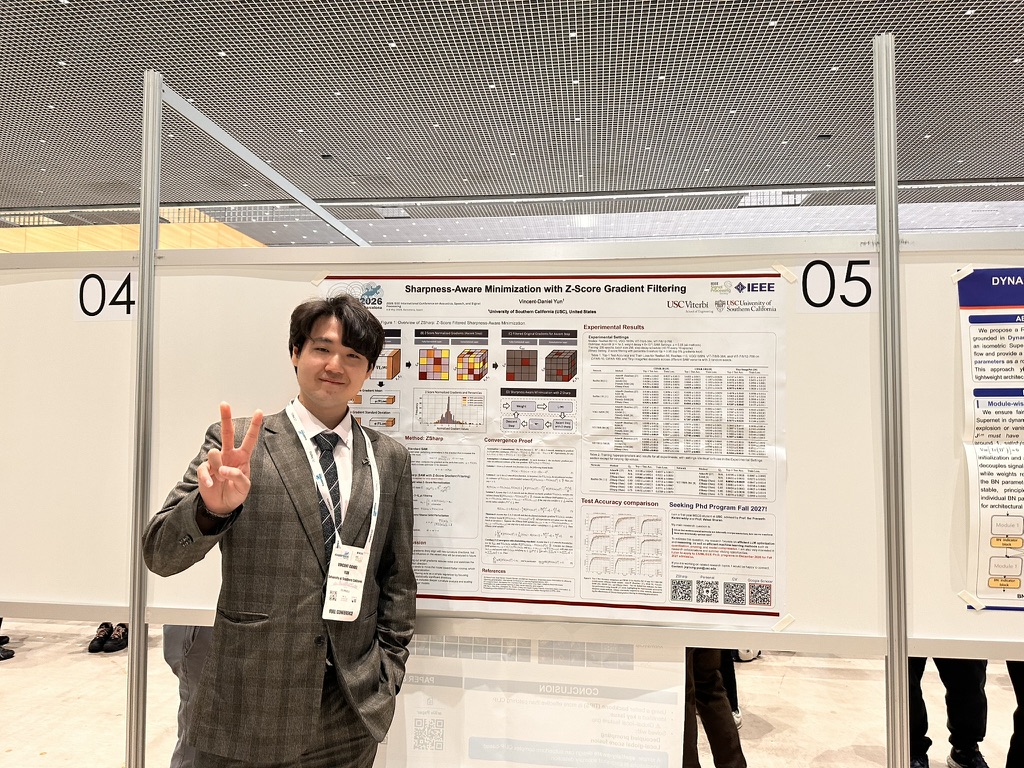 Vincent-Daniel Yun presenting a research poster at ICASSP 2026